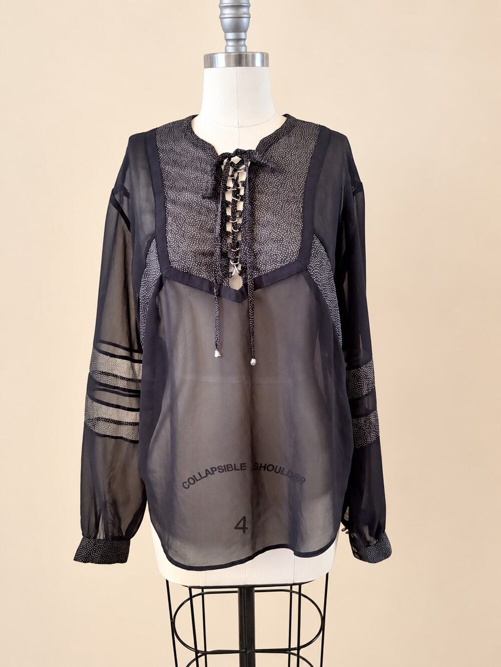 The Kooples Women's S Black Sheer Chiffon Lace Up Blouse Dotted Long Sleeve